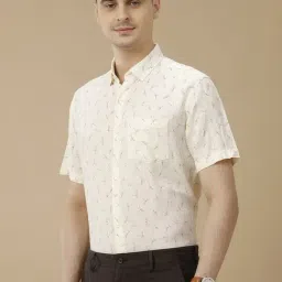Linen Club Off White Linen Contemporary Fit Printed Shirt image 4