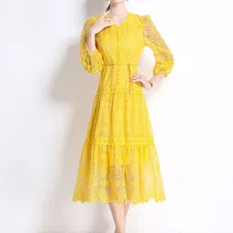 JC Collection Women Self Design V-Neck Puff Sleeve Fit and Flare Midi Dress-picture-16