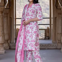 KALINI Women Floral Printed Regular Pure Cotton Kurta with Trousers & With Dupatta image 4