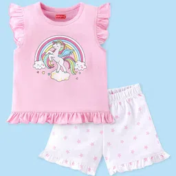 Babyhug Cotton Knit Half Sleeves Night Suit Unicorn Print -Pink-picture-12