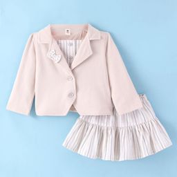 ToffyHouse 100% Woven Cotton Full Sleeves Jacket Style Top With Striped Skirt - Beige-image-64