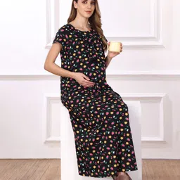 Bella Mama Cotton Knit Half Sleeves Concealed Zipper Strawberry Print Nighty - Black-image-44