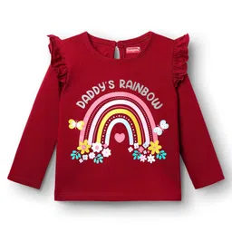 Babyhug 100% Cotton Knit Full Sleeves T-Shirt with Rainbow Print & Frill Detailing - Maroon-picture-19