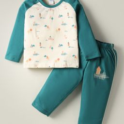 Tango Single Jersey Knit Full Sleeves T-shirt & Pant Set with Forest Theme Print - Teal Blue & Cream-picture-19