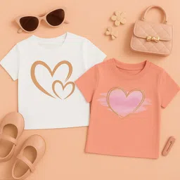 Luke and Lilly Cotton Knit Pack Of 2 Half Sleeves Hearts Printed Tees - White & Beige-picture-13