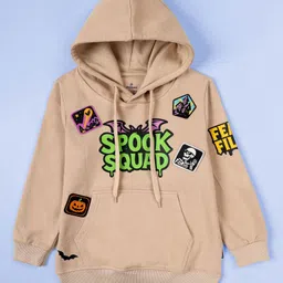 Kiddopanti Halloween Theme Fleece Knit Full Sleeves Spook Squad Text Printed Patch Detailed Light Winter Hooded Sweatshirt - Beige image 1