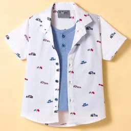 Dapper Dudes Half Sleeves F1 Car Printed Shirt With Attached Tee - White-picture-21