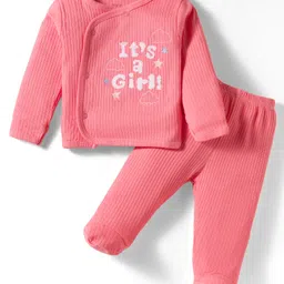 Simply Interlock Knit Full Sleeves Footed Night suit With Text Print - Pink-picture-12