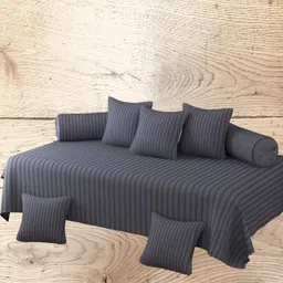 WELLNEST Grey Set Of 8 Striped Cotton Diwan Set image 1