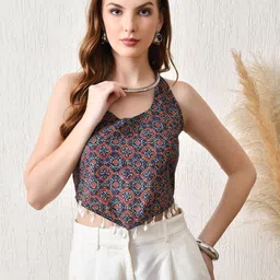 KALAMIR Women Ethnic Motif Printed Halter Neck Sleeveless Cotton Crop Top image 1