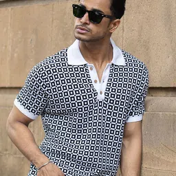 Powerlook Geometric Printed Jacquard Contrast Polo Collar Pure Cotton T-shirt-picture-12