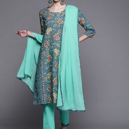 Biba Women Blue & Yellow Floral Print Pure Cotton Kurta with Trousers & Dupatta-picture-30