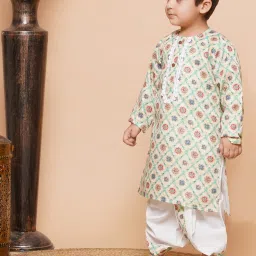 AJ Dezines Kids Light Yellow & White Floral Print Full Sleeves Kurta with Dhoti image 4