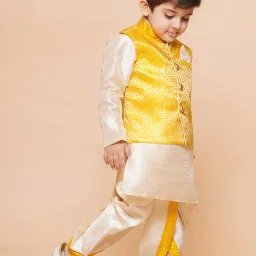 AJ Dezines Kids Beige & Yellow Self Design Full Sleeves Kurta, Dhoti with Waistcoat image 4