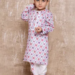AJ Dezines Kids Pink & White Floral Print Full Sleeves Kurta with Dhoti image 4
