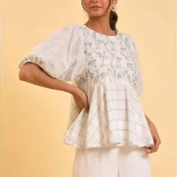 W Off-White Cotton Chequered Top image 4