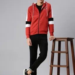showoffff SHOWOFF Red Cotton Slim Fit Colour Block Hooded SweatShirt image 5