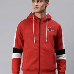 showoffff SHOWOFF Red Cotton Slim Fit Colour Block Hooded SweatShirt image 1