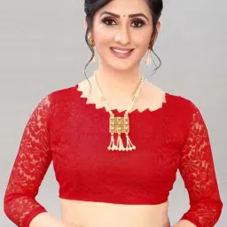 Satrani Red Embellished Saree With Unstitched Blouse image 4