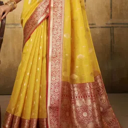 Satrani Yellow Woven Saree With Unstitched Blouse image 4
