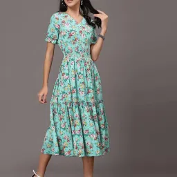 SELVIA Blue Printed A-Line Dress image 4