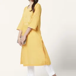 Rangmanch by Pantaloons Mustard Cotton Embroidered A Line Kurta image 4