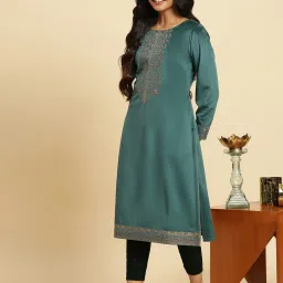 Wishful by W Teal Velvet Embroidered Straight Kurta image 4