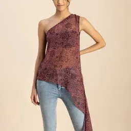 Moomaya Peach & Maroon Floral Print Top-image-9