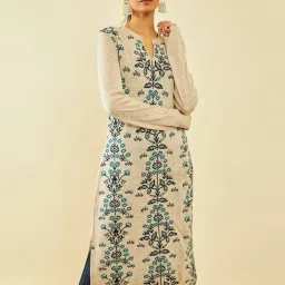 Soch Beige Acrylic Floral Pattern Knitted Winter Straight Kurta with Pocket image 4