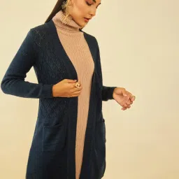 Soch Navy Blue Acrylic Pointelle Knit Open-Front Longline Shrug with Pockets image 4