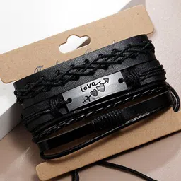 MEENAZ Men Set Of 3 Wraparound Tribal Leather Bracelet image 4