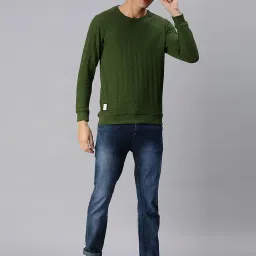 showoffff SHOWOFF Green Cotton Slim Fit Self Pattern SweatShirt image 5