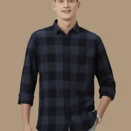 Cavallo By Linen Club Navy Blue Linen Contemporary Fit Checks Shirt-picture-25