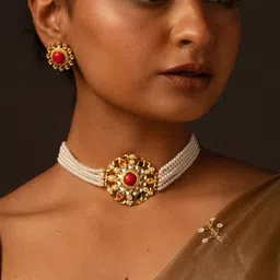 Voylla Gold-Plated Kundan-Studded & Beaded Jewellery Set-image-58