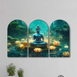 Myntra Elegant Homes Set OF 3 Green MDF Religious Buddha with Lotus Wall Painting image 5