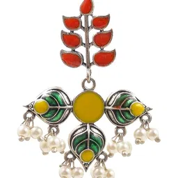 NAMAN ARTS Silver-Plated Artificial Beaded Oxidised Leaf Shaped Drop Earrings image 3