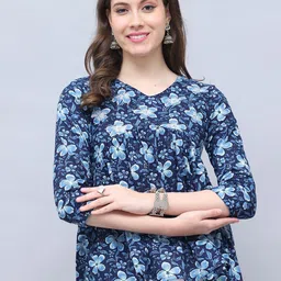 Merira Women Floral Jaipuri Printed Gathered or Pleated V-Neck Cotton Top-image-14