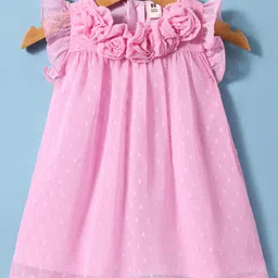 ToffyHouse Woven Frill Sleeves Textured Party Frock With Floral Applique - Pink-image-51