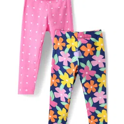 Babyhug Cotton Lycra Full Length Skinny Fit Leggings with Stretch Floral & Polka Dot Print Pack of 2 - Pink & Navy-picture-27
