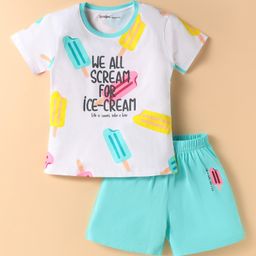 Doreme Single Jersey Knit Half Sleeves Shorts Night Suit With We All Scream For Ice - Cream Text Print- Aqua Blue & White-image-34