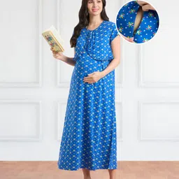 Bella Mama Cotton Knit Half Sleeves Maternity & Nursing Nighty Floral Print - Blue-picture-31