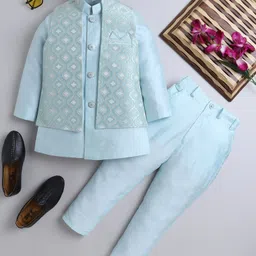 Ahhaaaa Velvet Full Sleeves Solid Kurta With Pant & Embroidered Jacket Set - Turquoise-picture-26