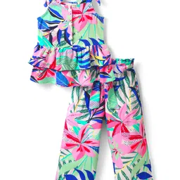 CrayonFlakes Rayon Knit Sleeveless Floral Printed Bow Applique Detailed Coordinating Top & Palazzo Set - Off White-picture-12