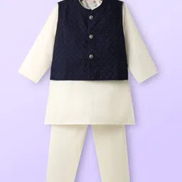 Babyhug Cotton Woven Full Sleeves Kurta Pajama Set With Embroidered Jacket - White-picture-20