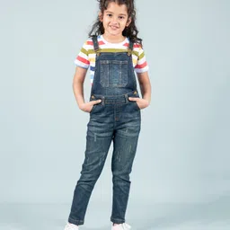 tweeny mini Denim Woven Mild Washed & Distressed Dungaree With Half Sleeves Striped Tee - Dark Blue-picture-29