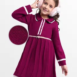 Hola Bonita Knitted Full Sleeves Textured Fabric Sweater Dress With Belt - Plum-picture-12