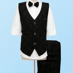 Rikidoos Full Sleeves Checked 3 Piece Party Suit With Bow Set - White & Black-picture-44