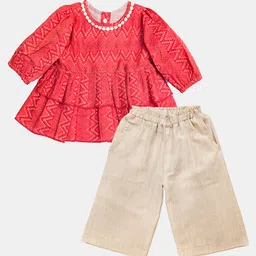 Halemons Pure Cotton Woven Three Fourth Puffed Sleeves Chevron Printed Peplum Top & Palazzo Set - Red-picture-19