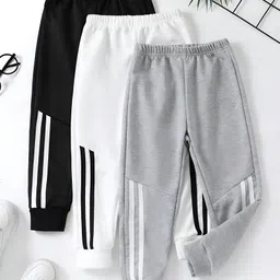 Googo Gaaga Cotton Knit Pack Of 3 Tape Detailed Joggers - Grey White & Black-image-42
