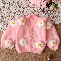 Woonie Hand Knitted Full Sleeves Floral Applique Detailed Cardigan - Pink-picture-17